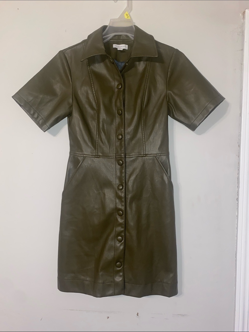 Topshop Olive Green Faux Leather Button-Front Dress